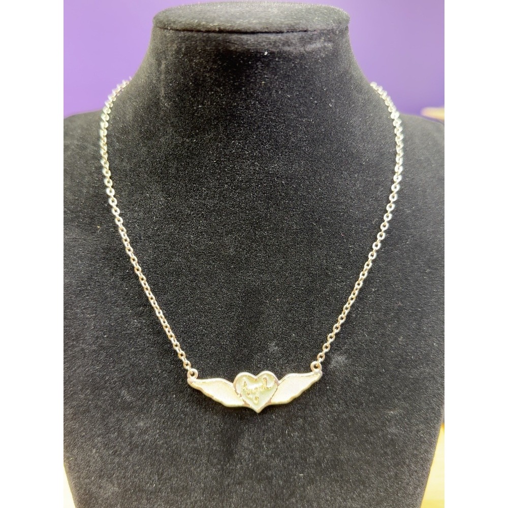 Angel Wing Heart Necklace Glitter Enamel Silver Tone 14" Vintage Style